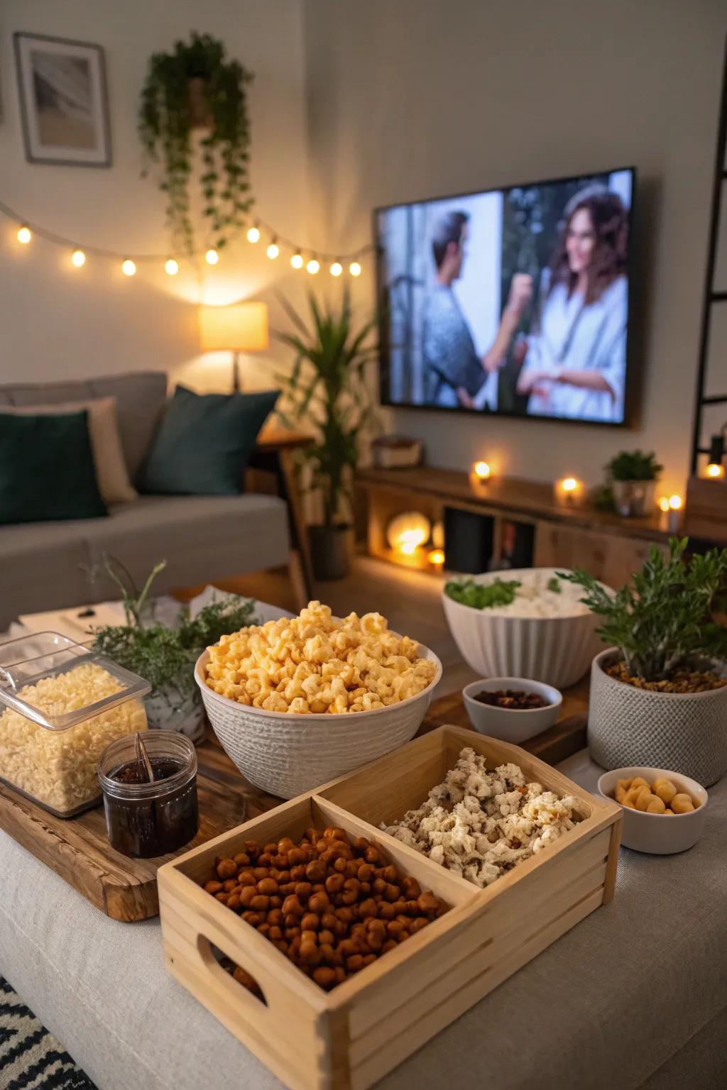 A popcorn bar thoughtfully prepared for a fun-filled movie night at home.