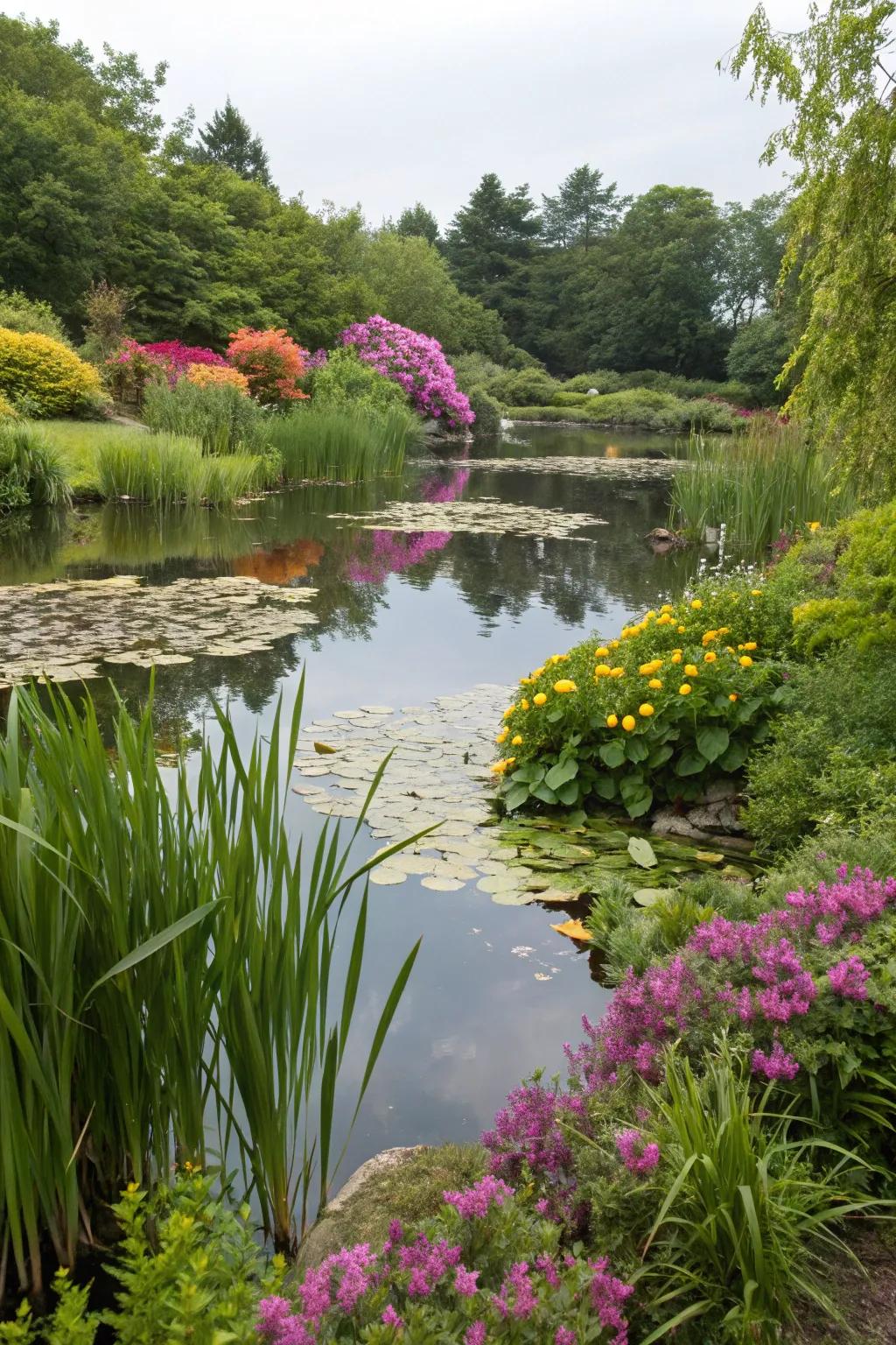 Verdant verdure and vivid blossoms amplify the visual allure of a natural pond.
