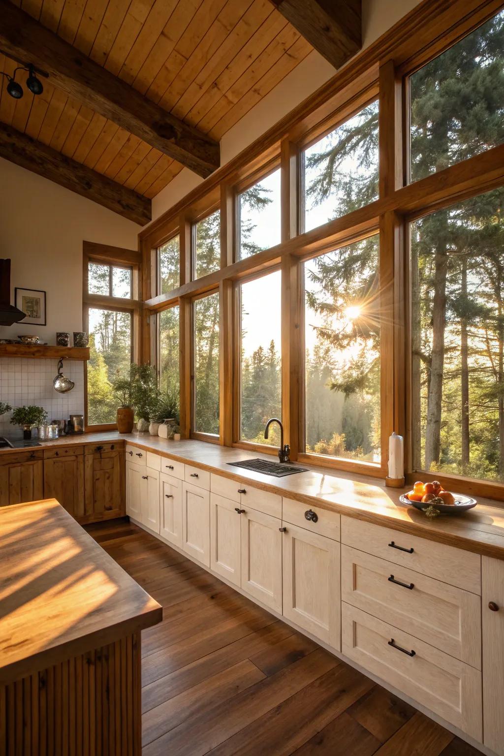 Expansive windows flood the kitchen with natural illumination, enhancing timber elements.