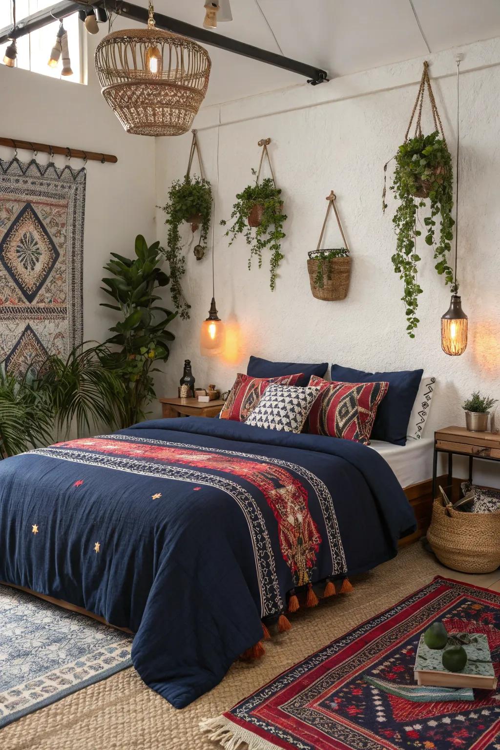 Create a bohemian space with layers of navy and diverse patterns.