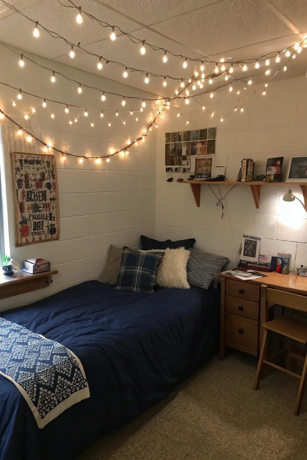 Fairy lights bring a touch of magic to your navy blue refuge.