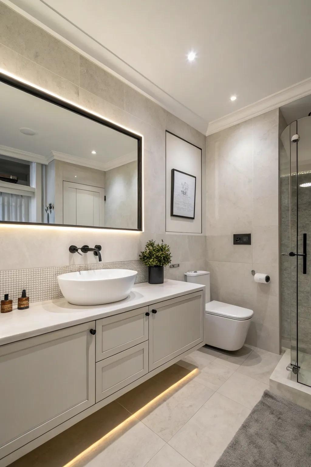 Understated fixtures enrich the neutral layout effortlessly.