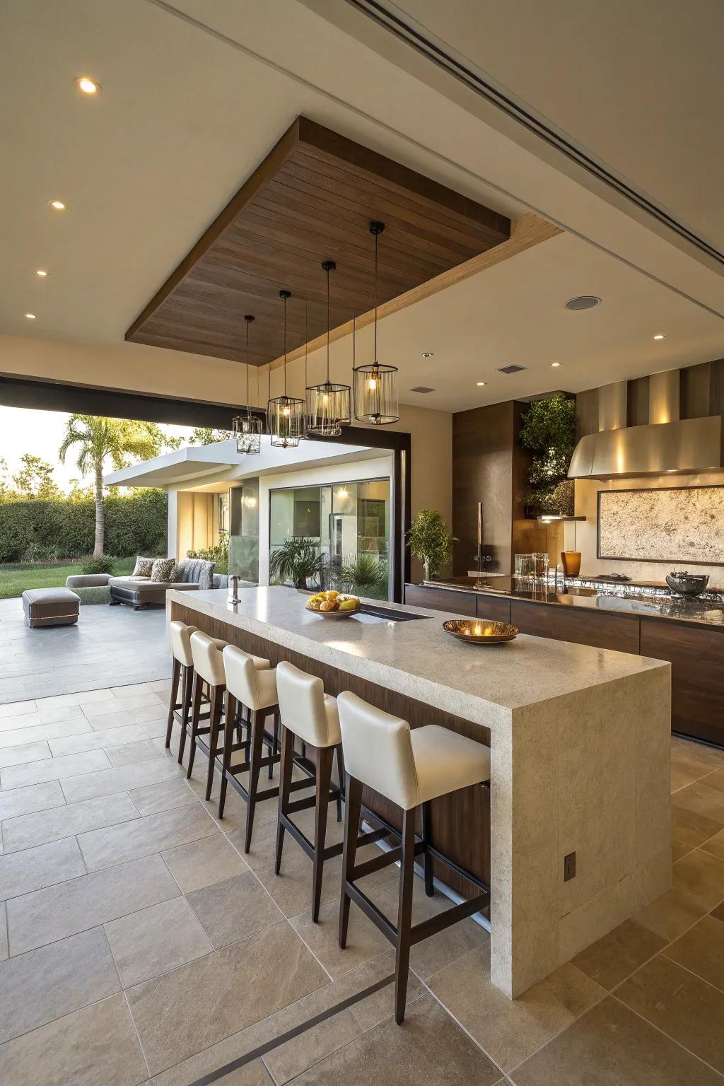 A cooking island serving as a multifunctional hub.
