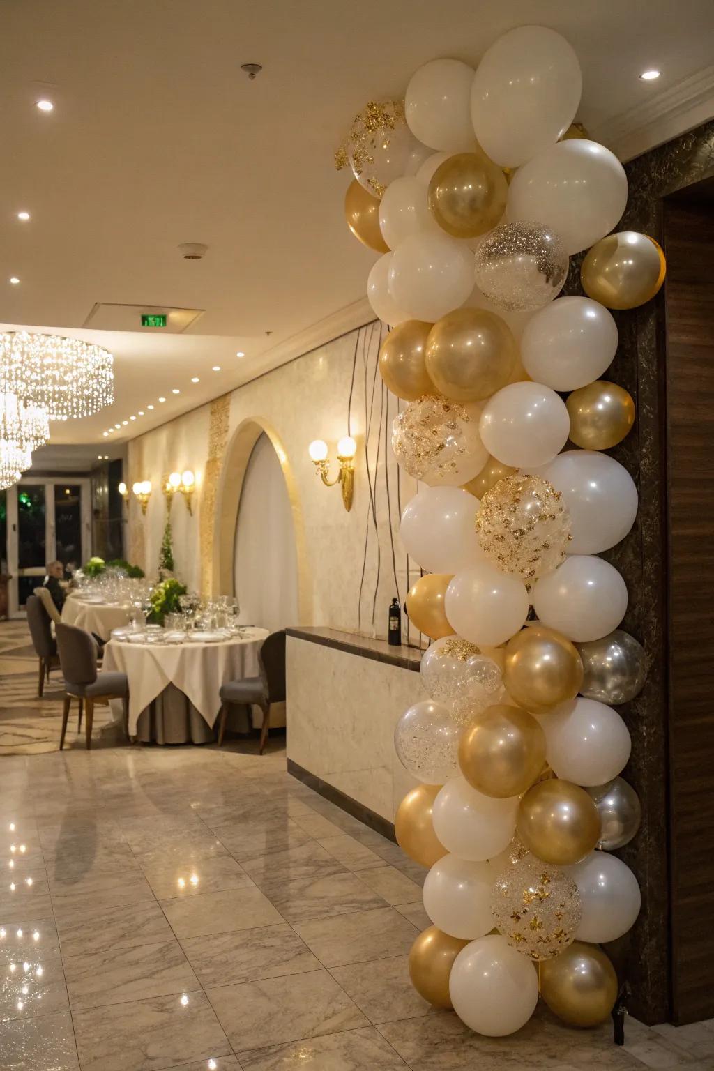 Balloons arranged to mimic champagne bubbles, adding a touch of sophistication to the New Year's festivities.