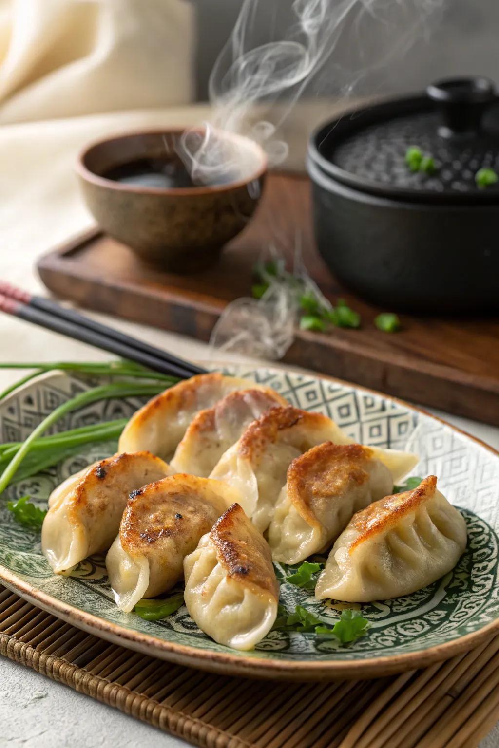 Pork and chive pot stickers, ready to delight your family on New Year's Day.