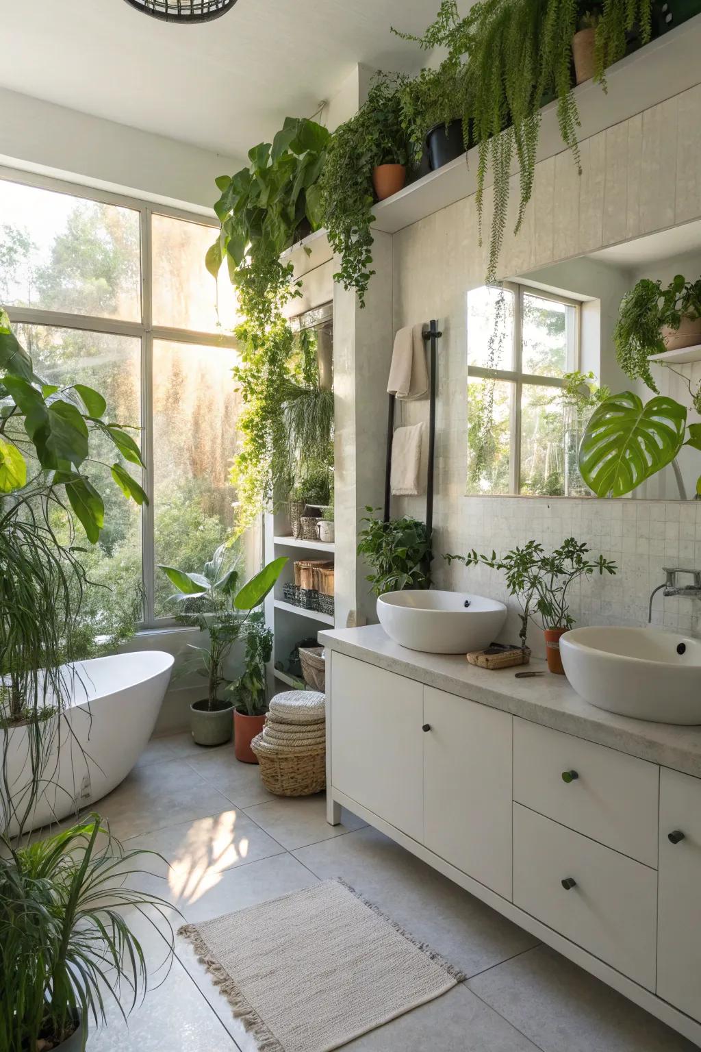 A lush bathroom featuring a variety of plants for a refreshing ambiance.
