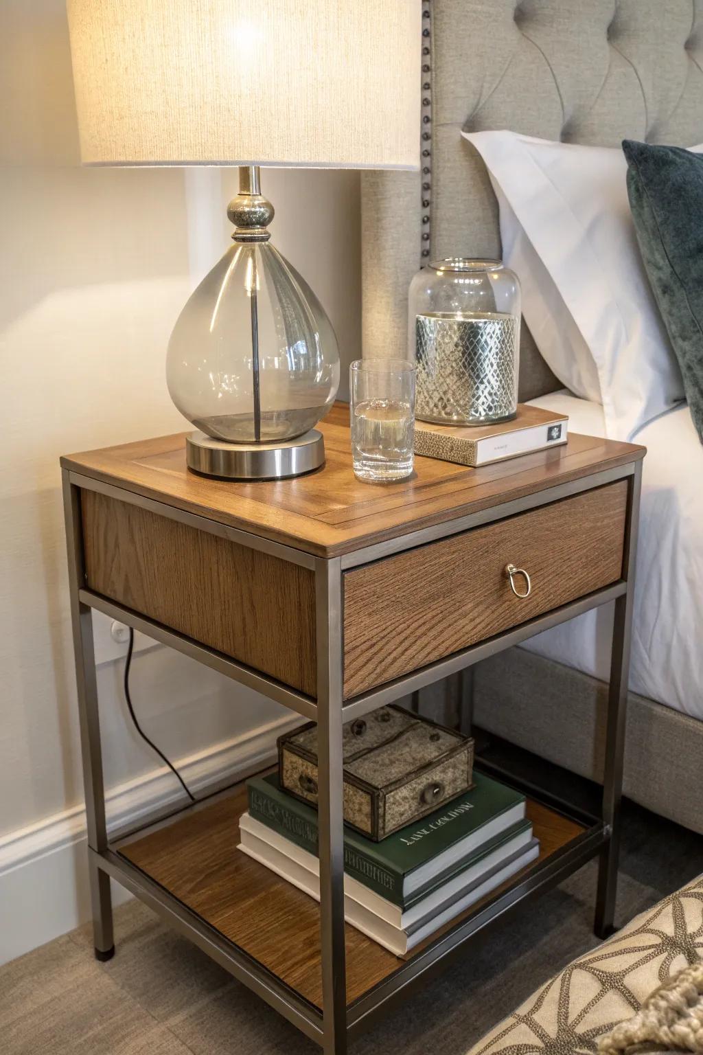 Spark visual intrigue by incorporating a variety of materials into your bedside table décor.