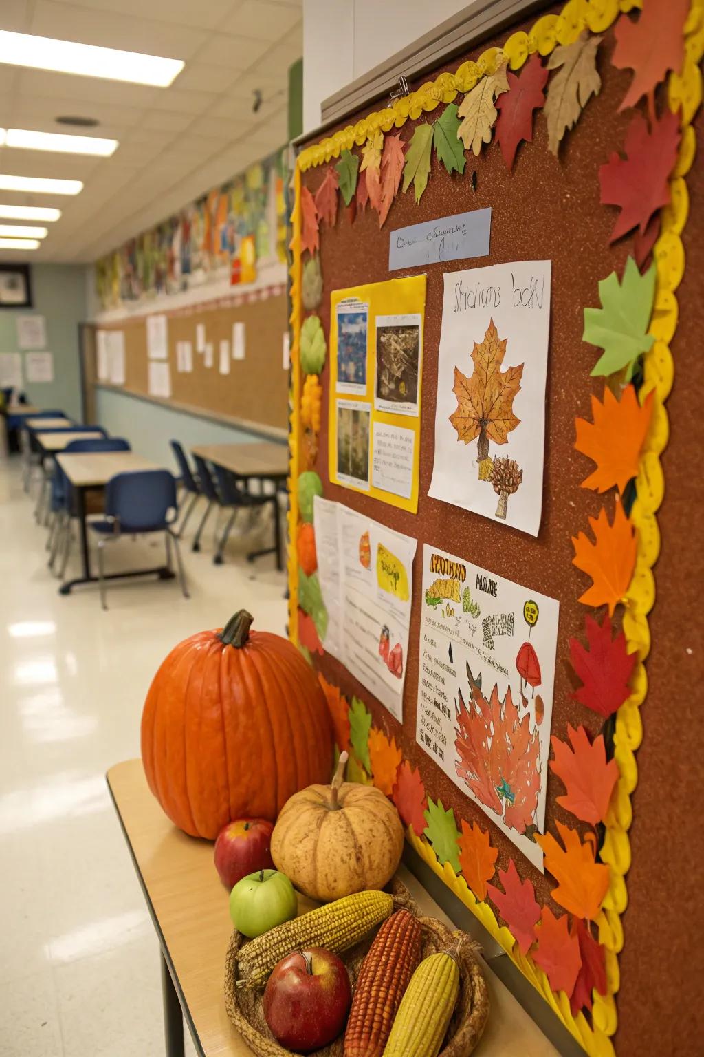 A harvest-themed board displaying student artistry.