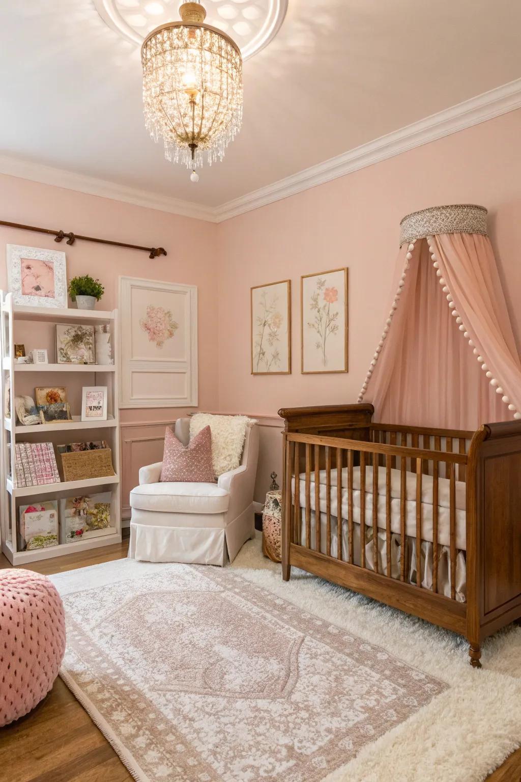A warm nursery featuring subtle rose tint walls.