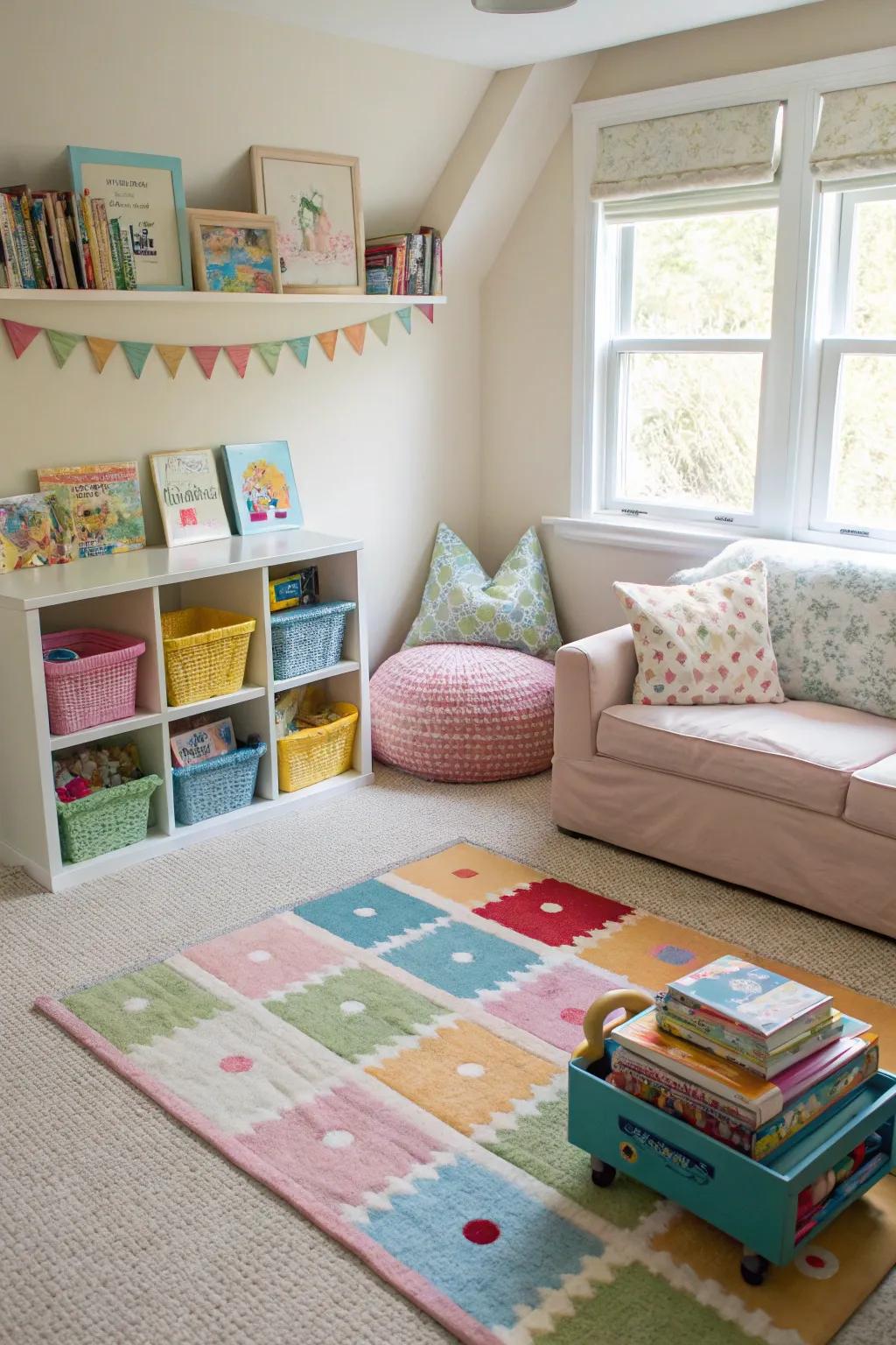 Floor coverings can proficiently define distinct functional zones in the nursery.