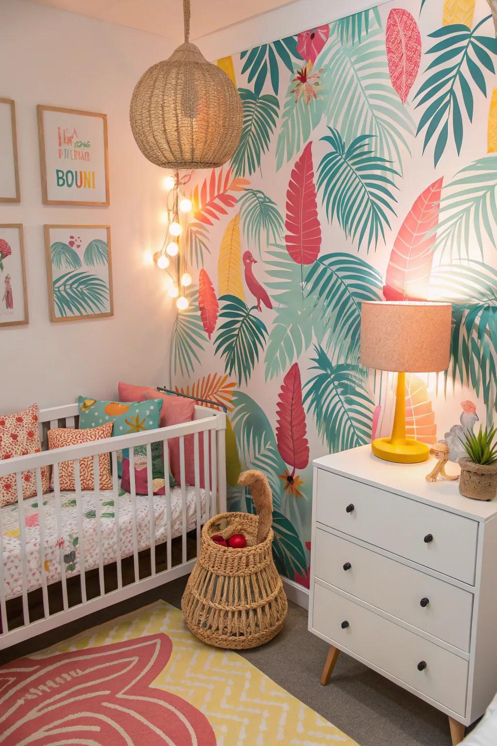 A spirited exotic eden nursery brimming with color and whimsy.
