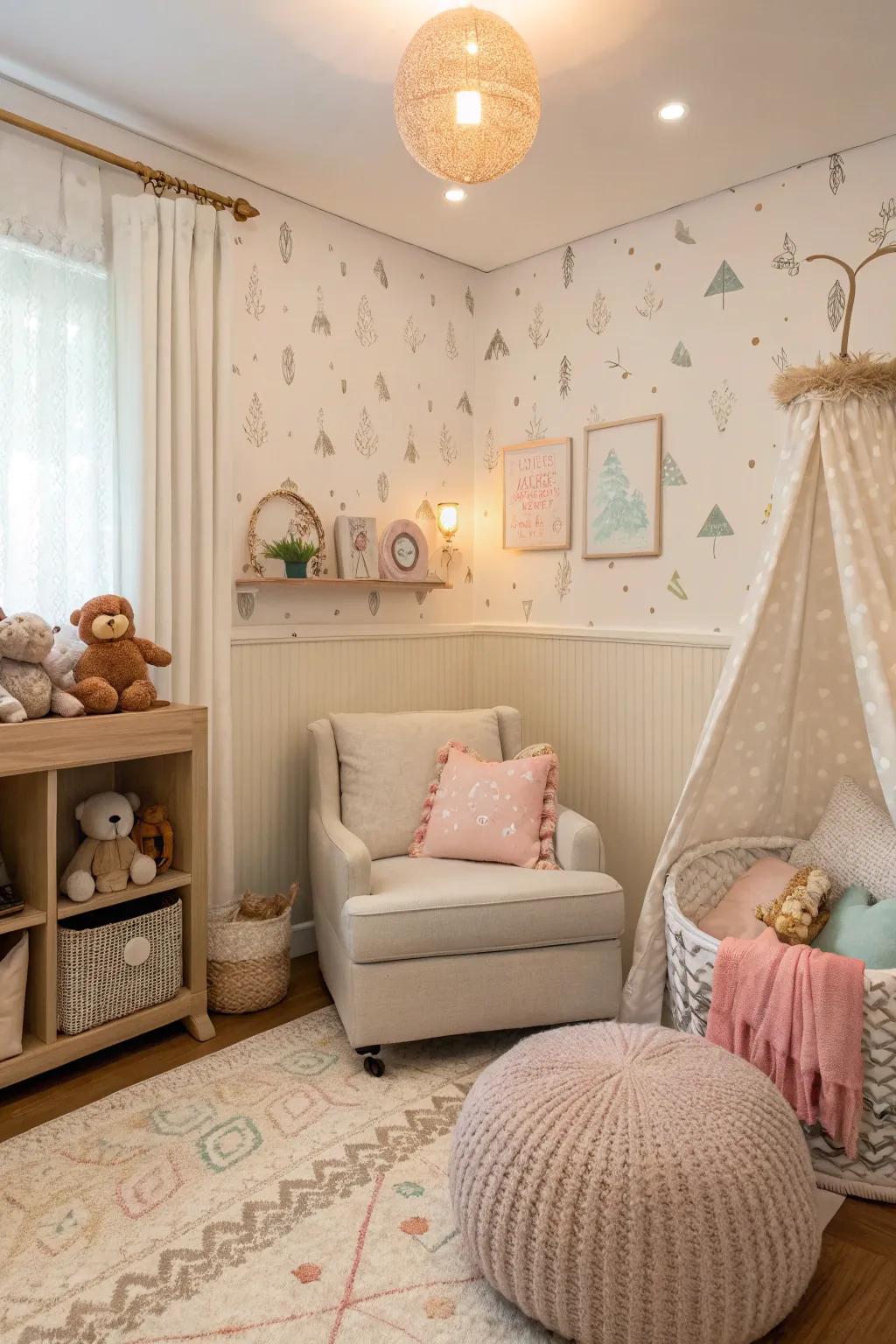 Pale colors are a calming background for a nursery.