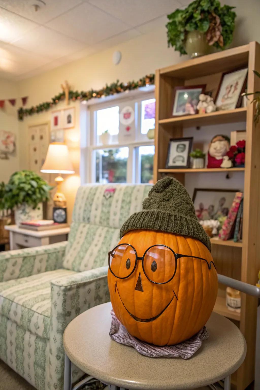 A pumpkin styled as a senior persona radiates charm and character.