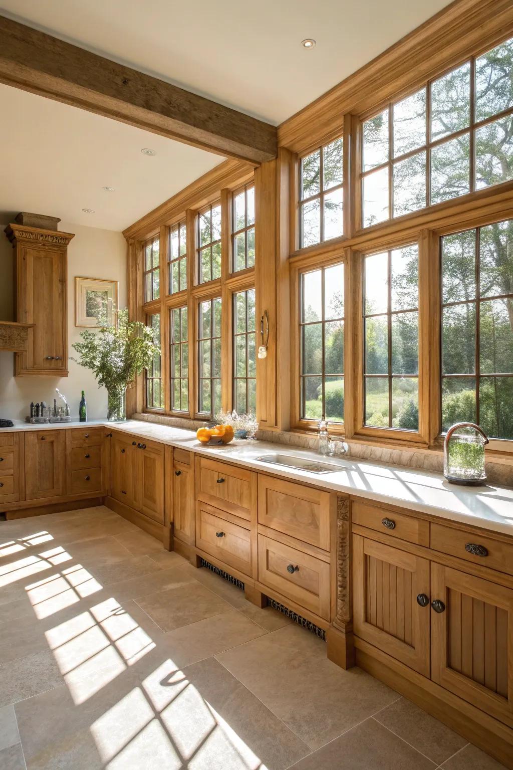 Sunlight transforms an oak kitchen into a radiant and airy area.