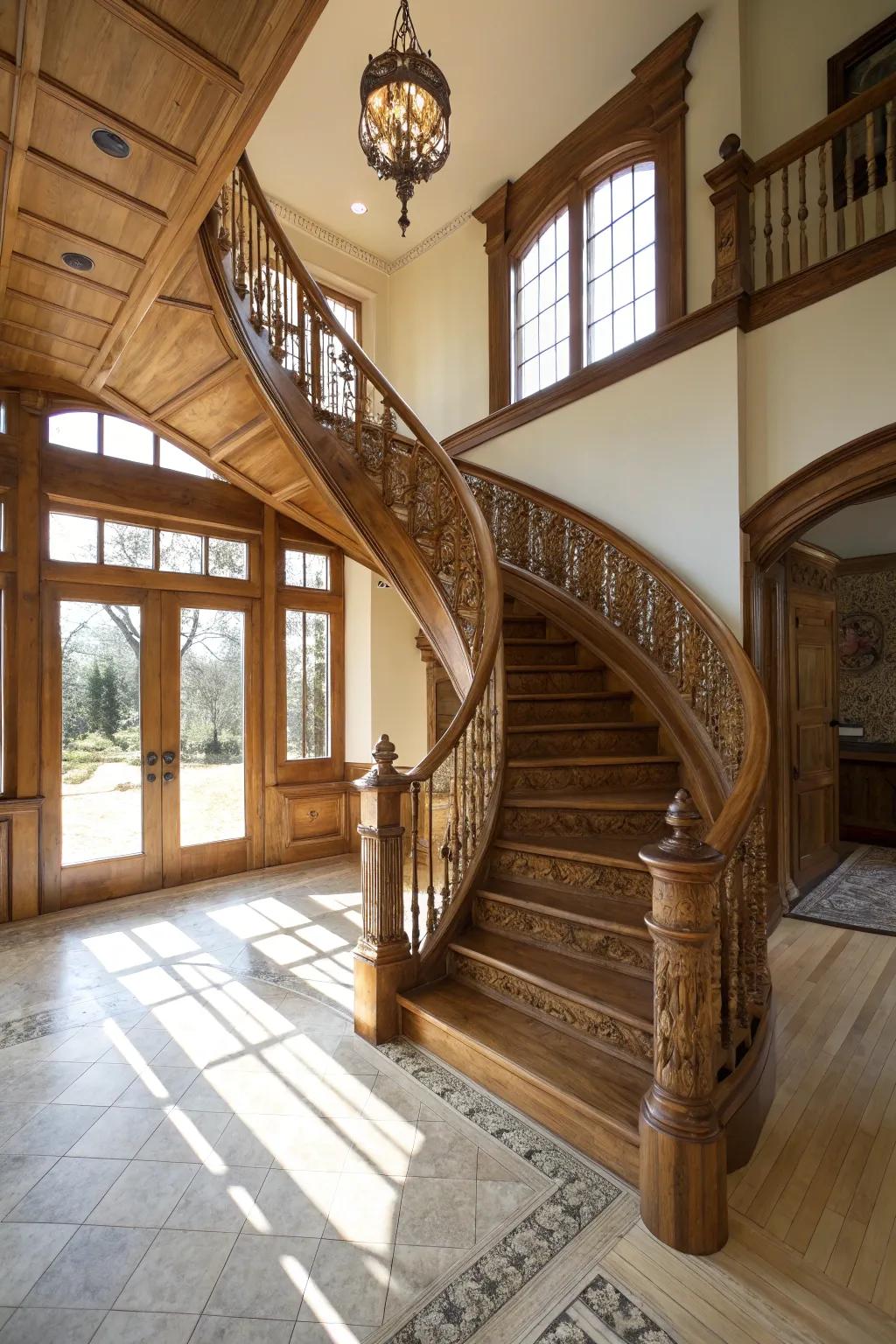An attractive spiral oak staircase that introduces refinement and charm.