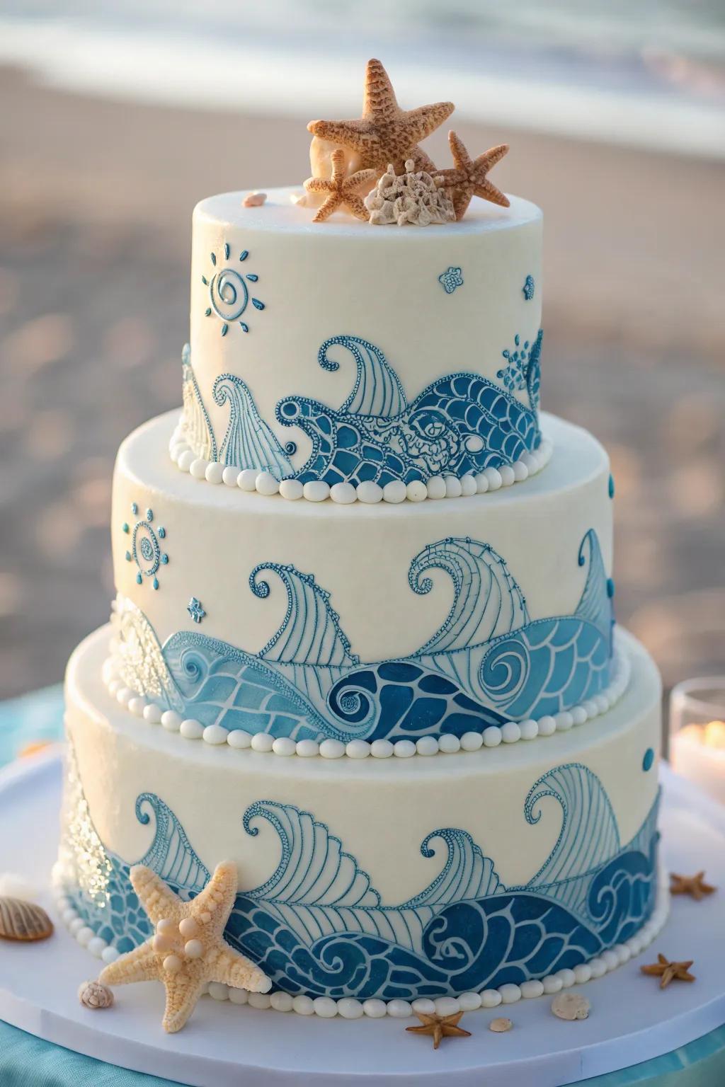 A cake embodying the spirit of the ocean through its wave-like design.
