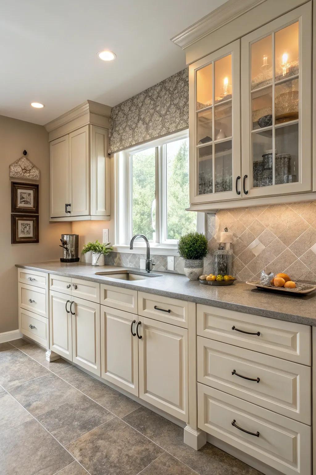 Muted hues merge seamlessly alongside creamy white cabinetry.