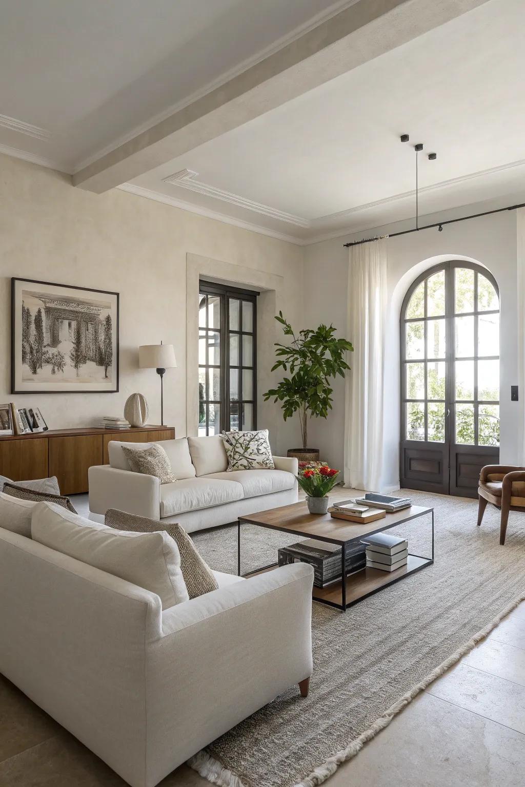 Minimalist decor enhances the elegance of an off white living room.