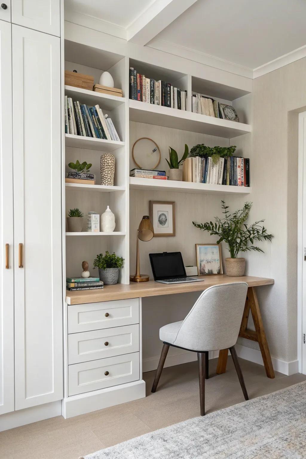 Exposed shelves create a minimalist and airy office feel.