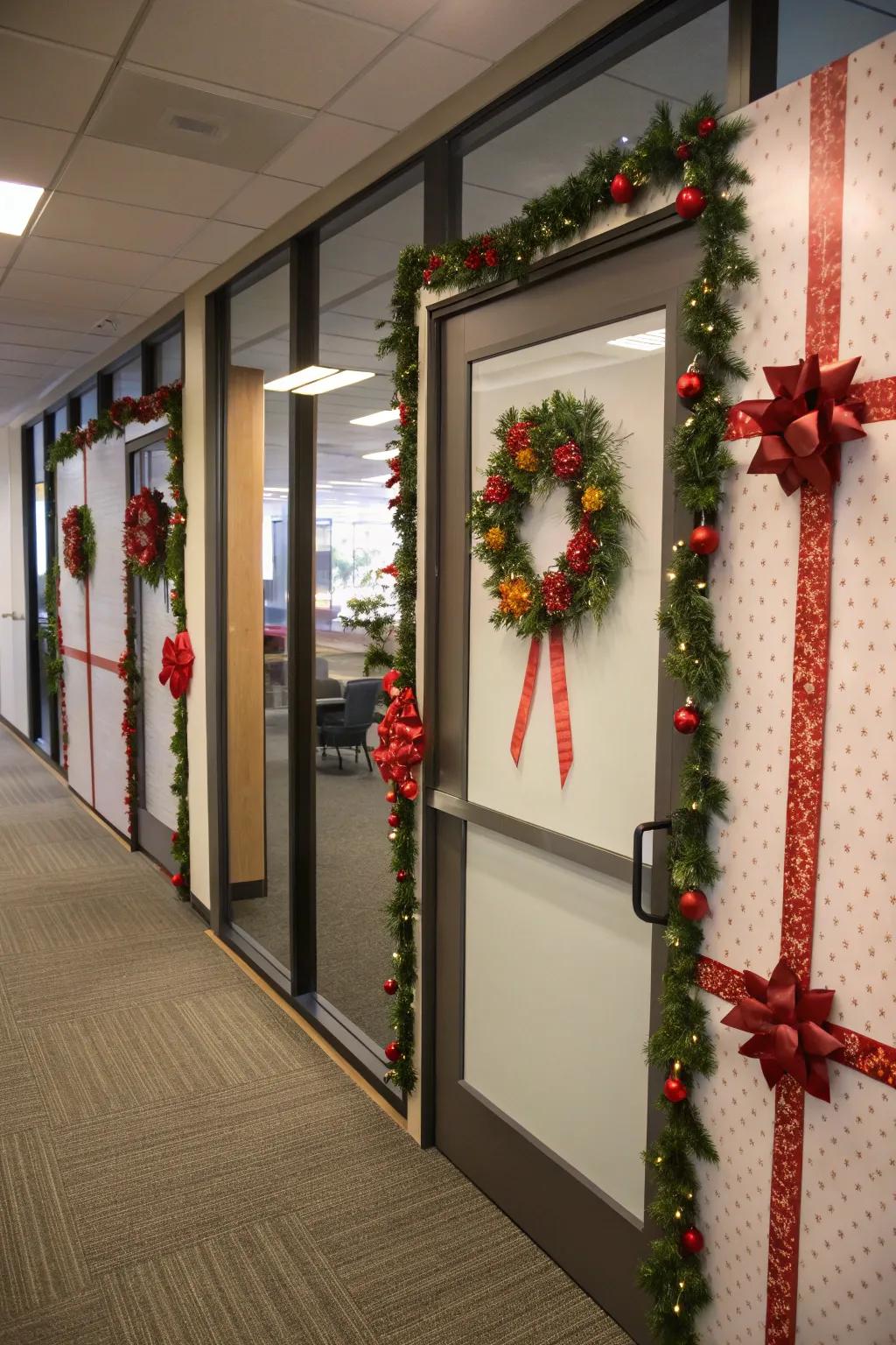 Office portals transmuted into festive canvases.