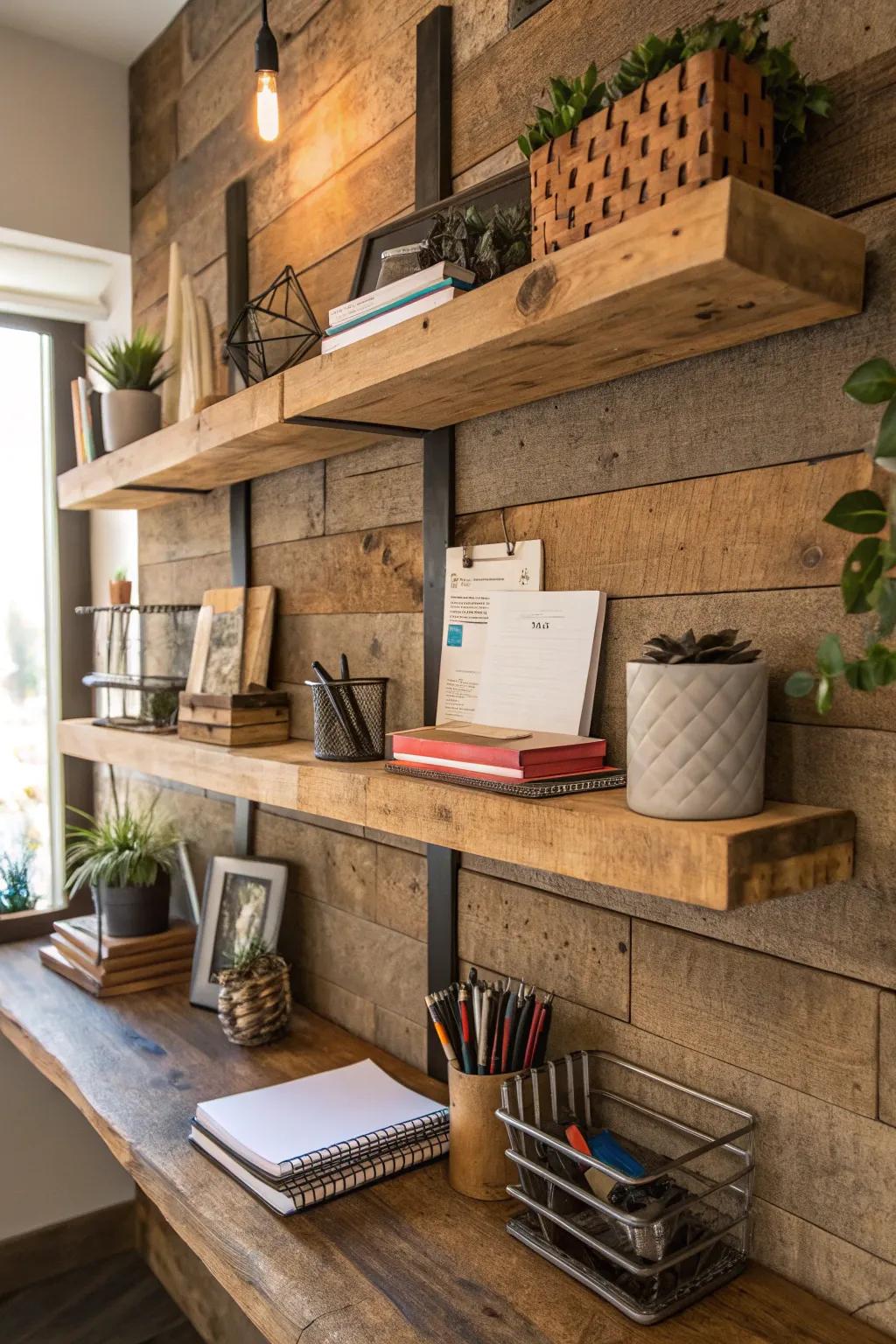 Upcycled timber shelving exudes a down-to-earth allure and sustainability.