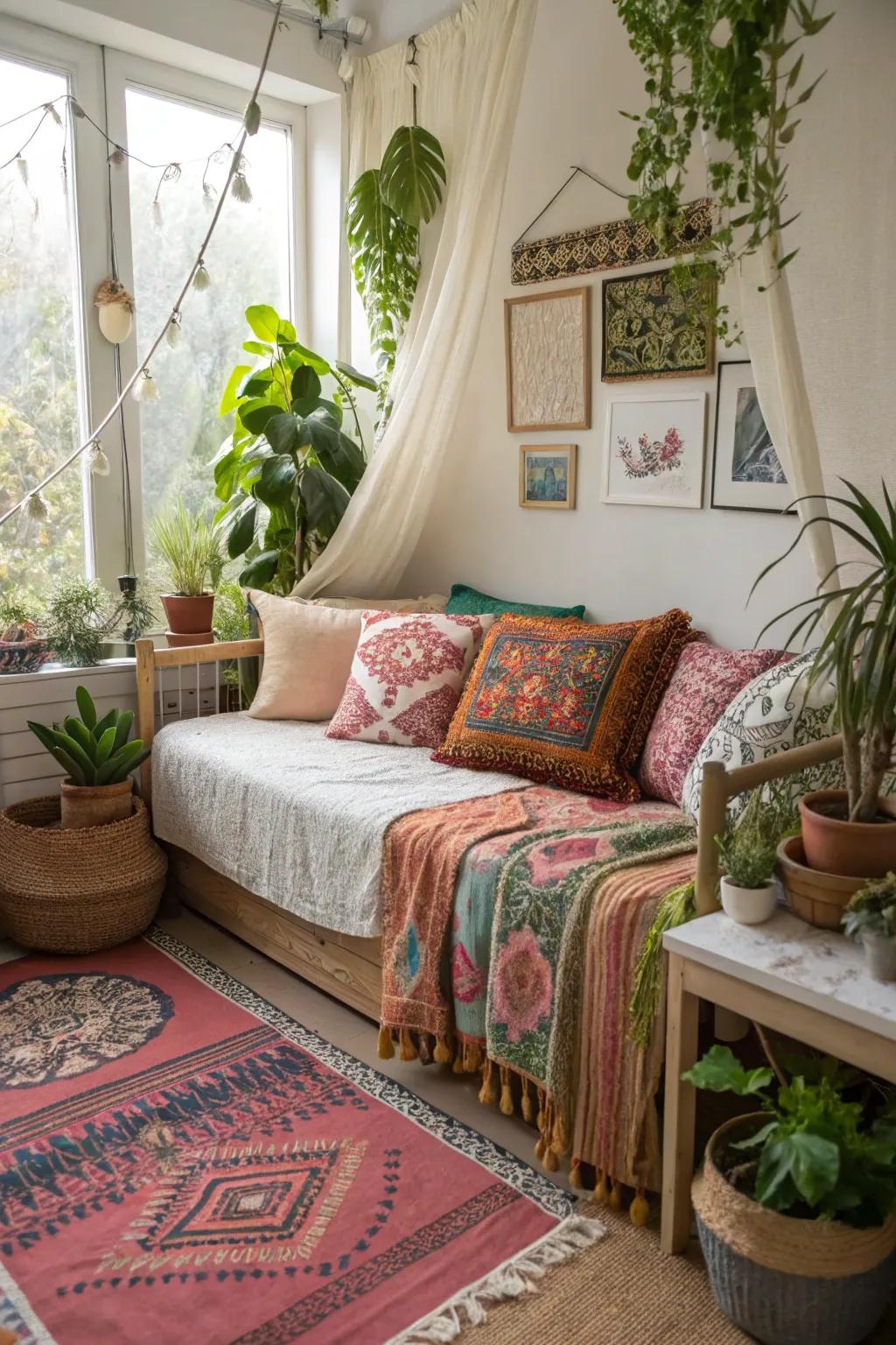 A boho daybed enriches your workspace with warmth and character.