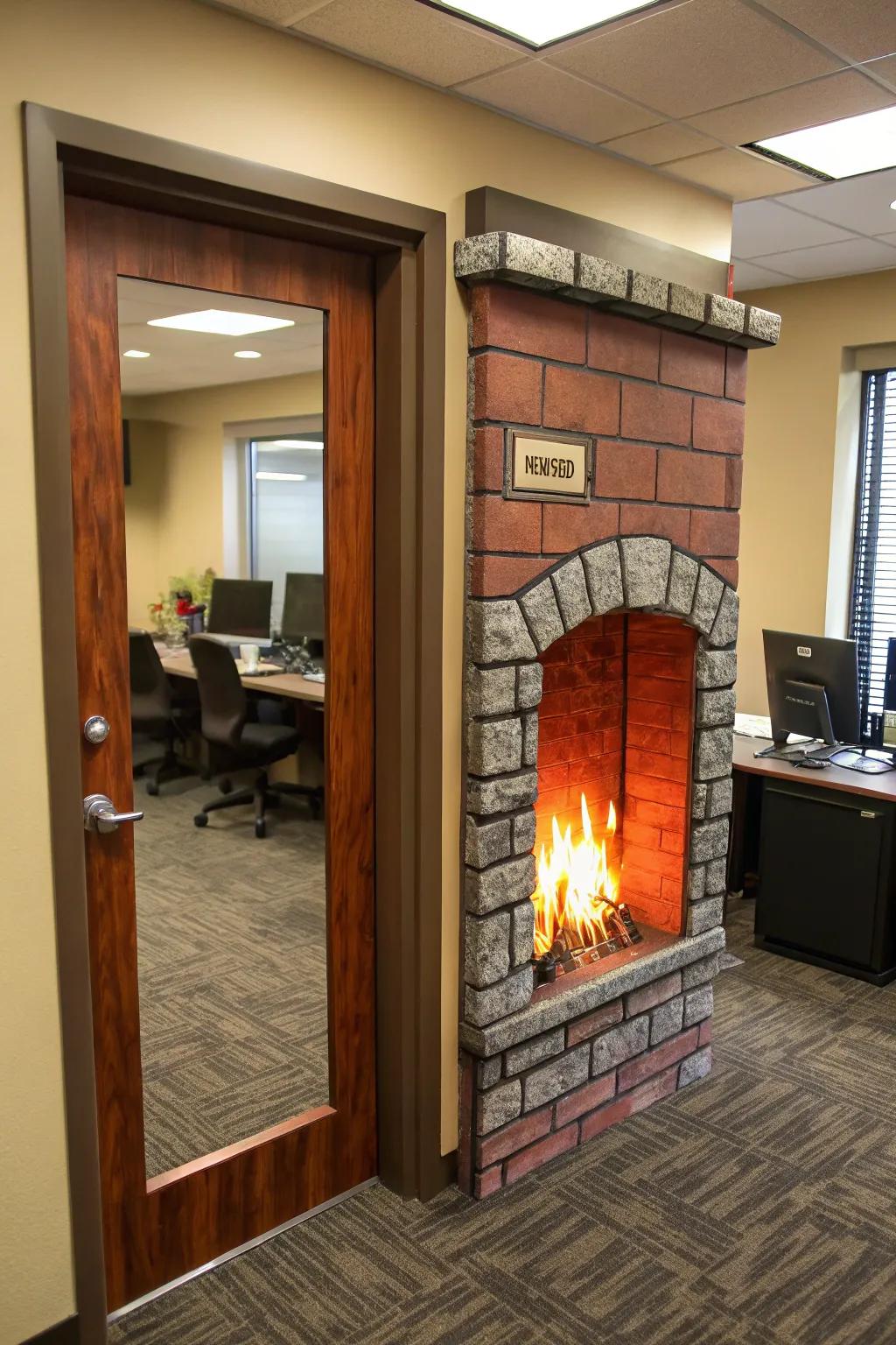 Warm up your work area with a fireplace-themed door design.
