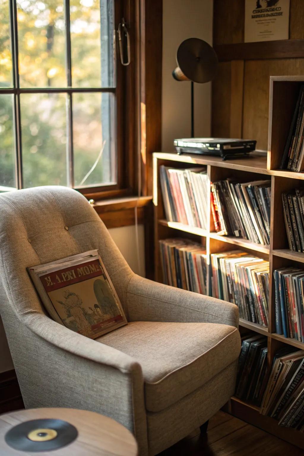 A reading nook provides a peaceful space for leisure and inspiration.
