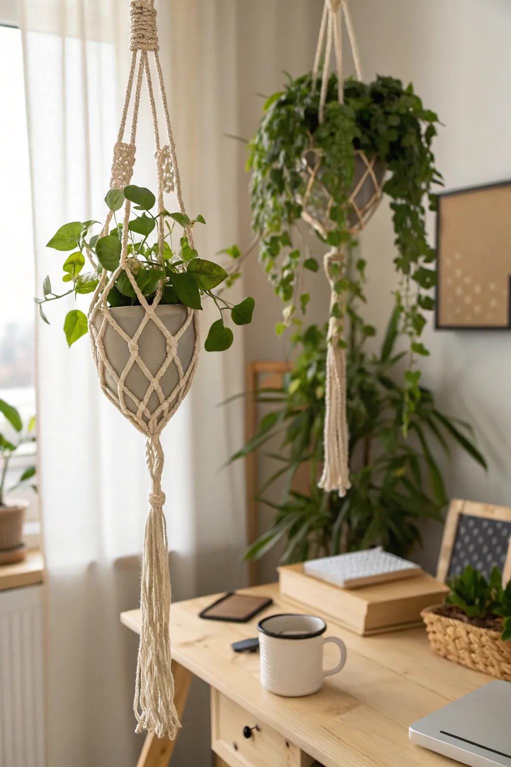 Drifting in style, these suspended plants foster a cozy ambiance and free up valuable desk space. 🌿 #OfficeDecor #GreenOffice