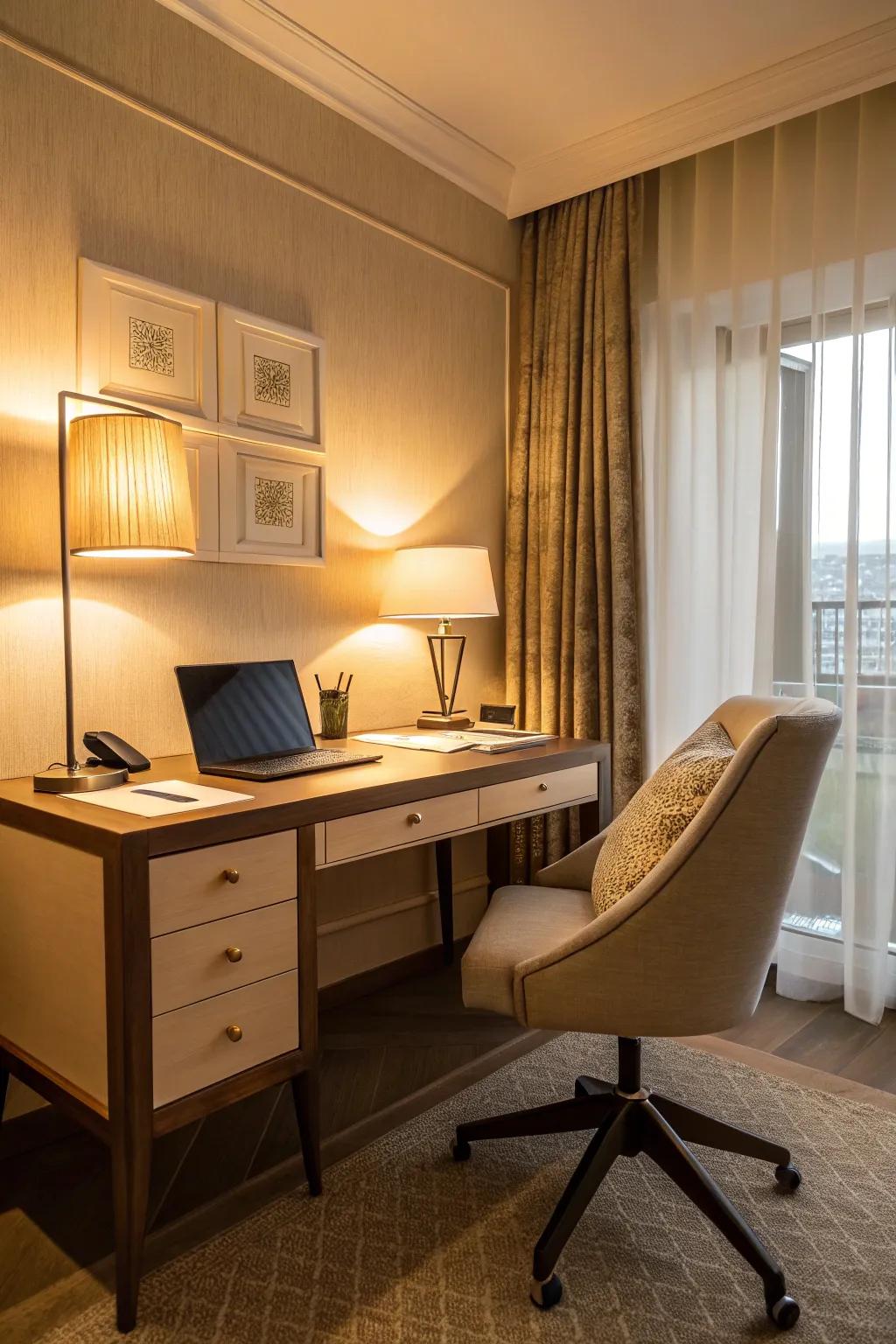 Gentle lighting creates a soothing and inviting work environment.