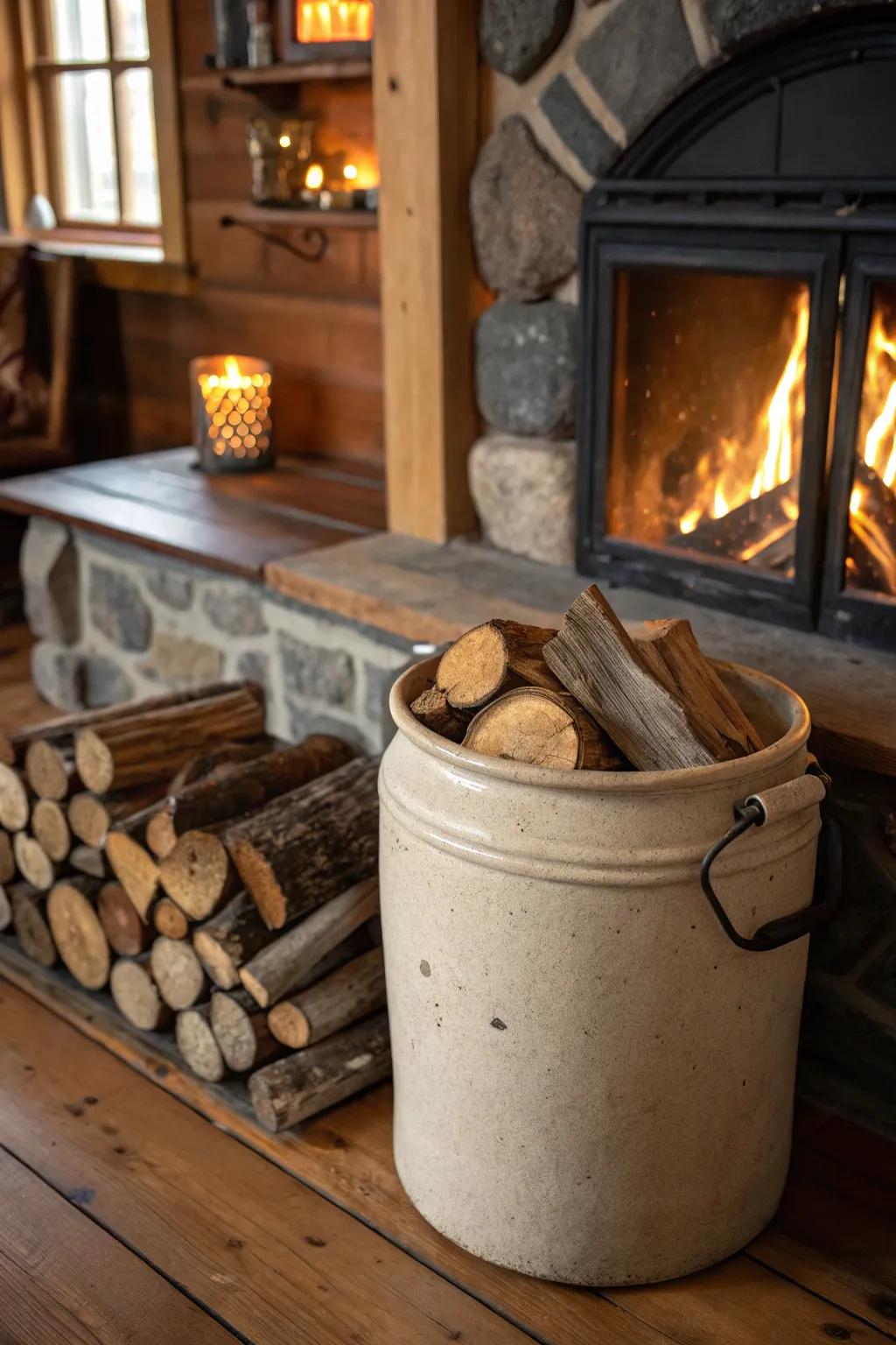 Merge practicality with aesthetics by employing stoneware as a wood repository.