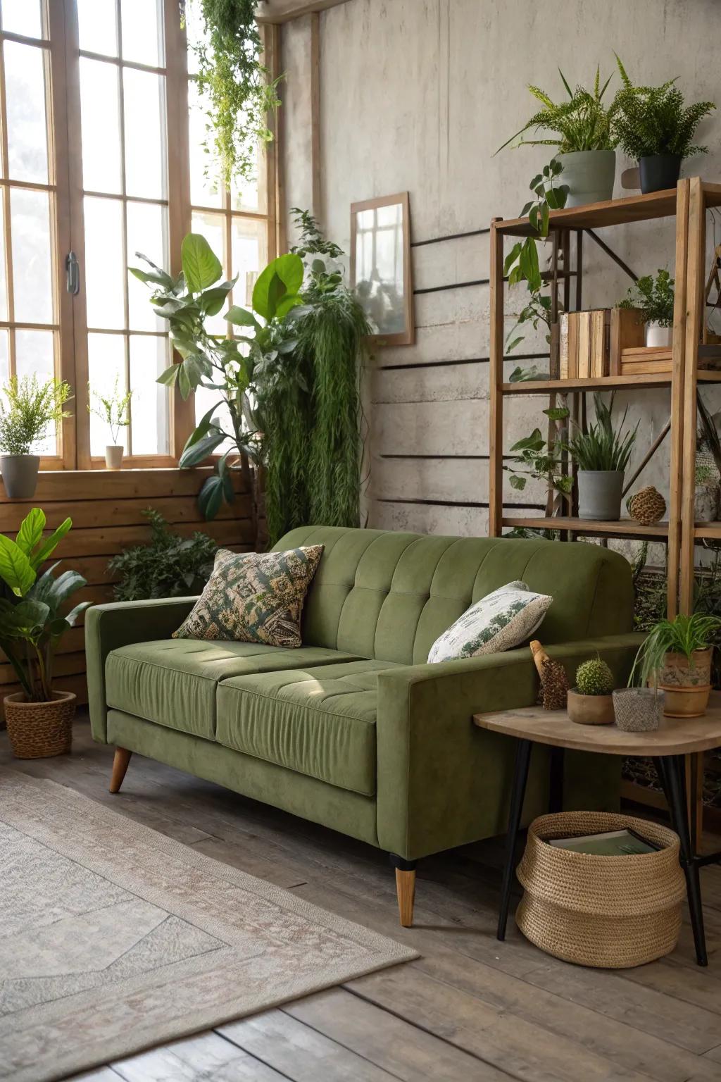 Indoor flora enriches the innate aura of an emerald-toned couch.