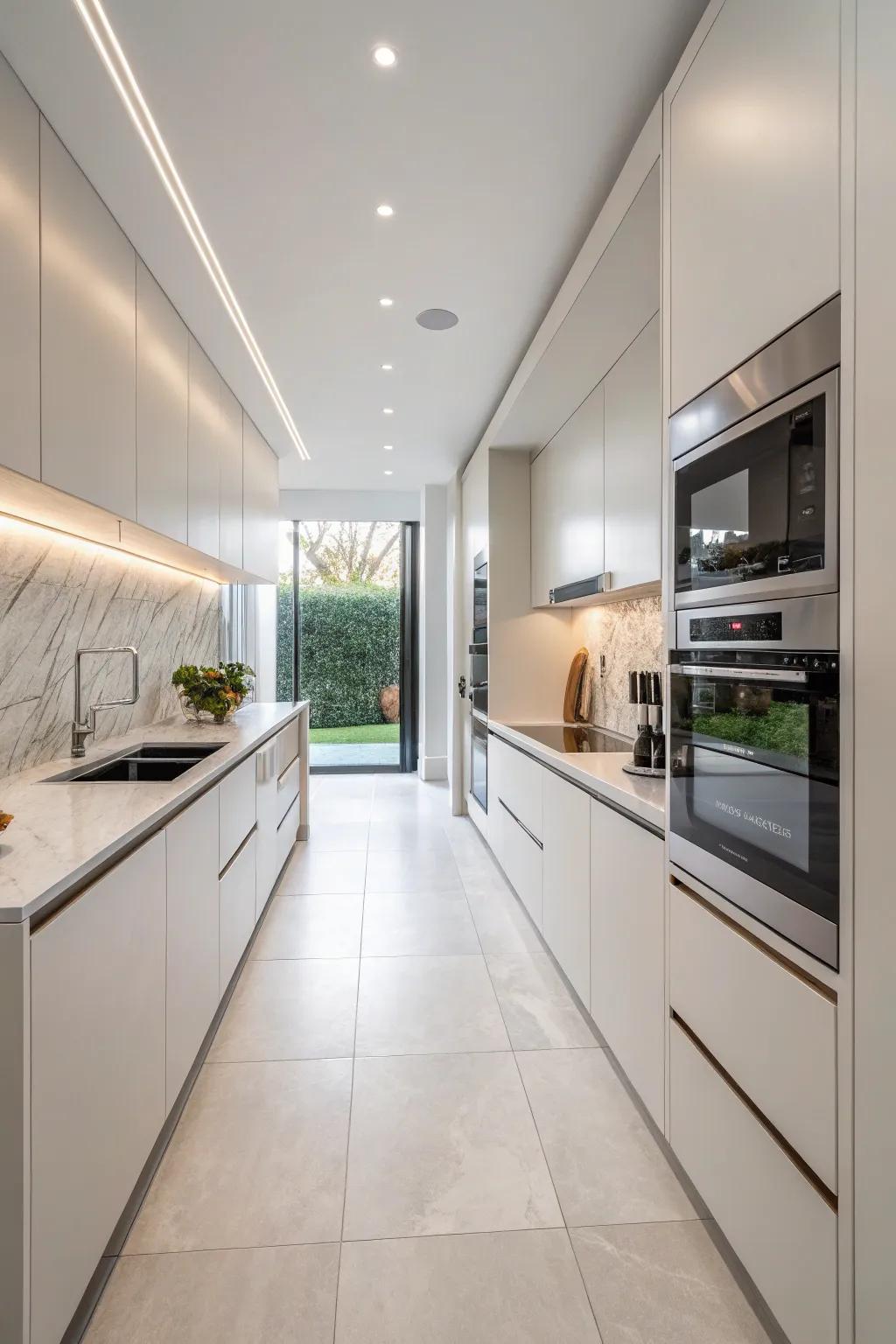 Seamless appliances in a single-wall kitchen for a unified visual impact.