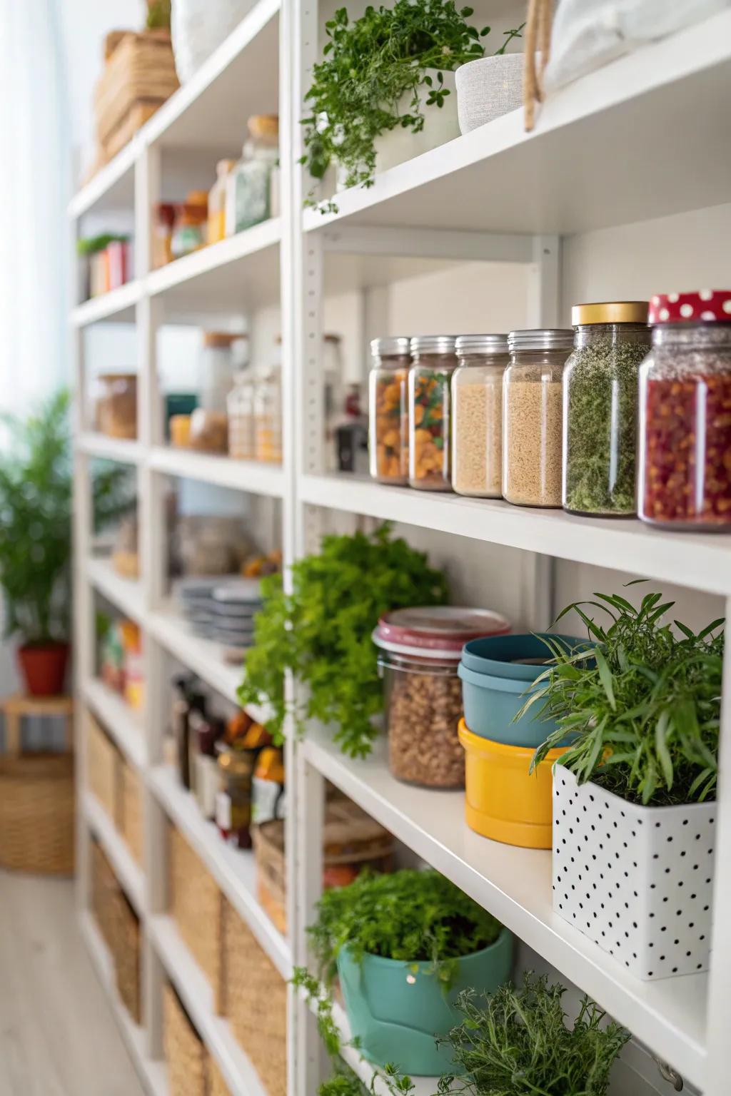 Introducing greenery to pantry shelves provides a fresh, lively feel.