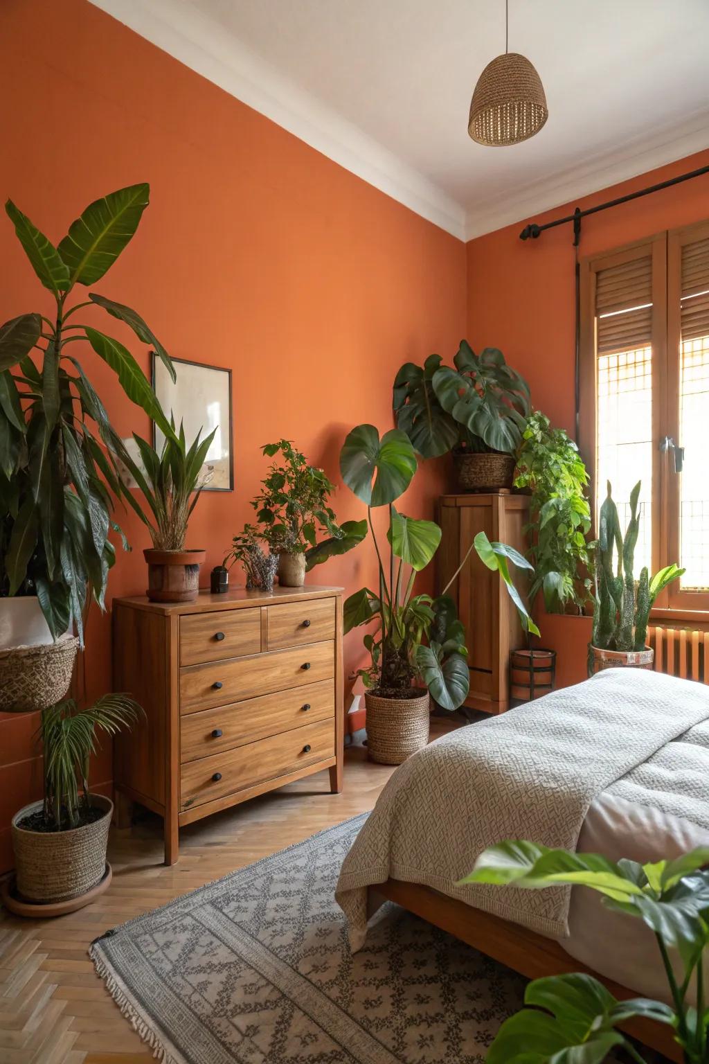 Elements from nature soften and complement vibrant walls painted orange.