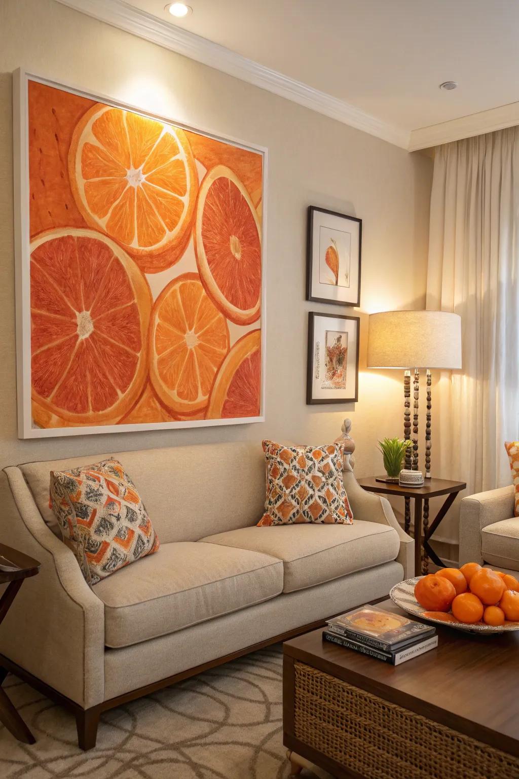 Artwork featuring orange beautifully ties together the room’s color scheme.
