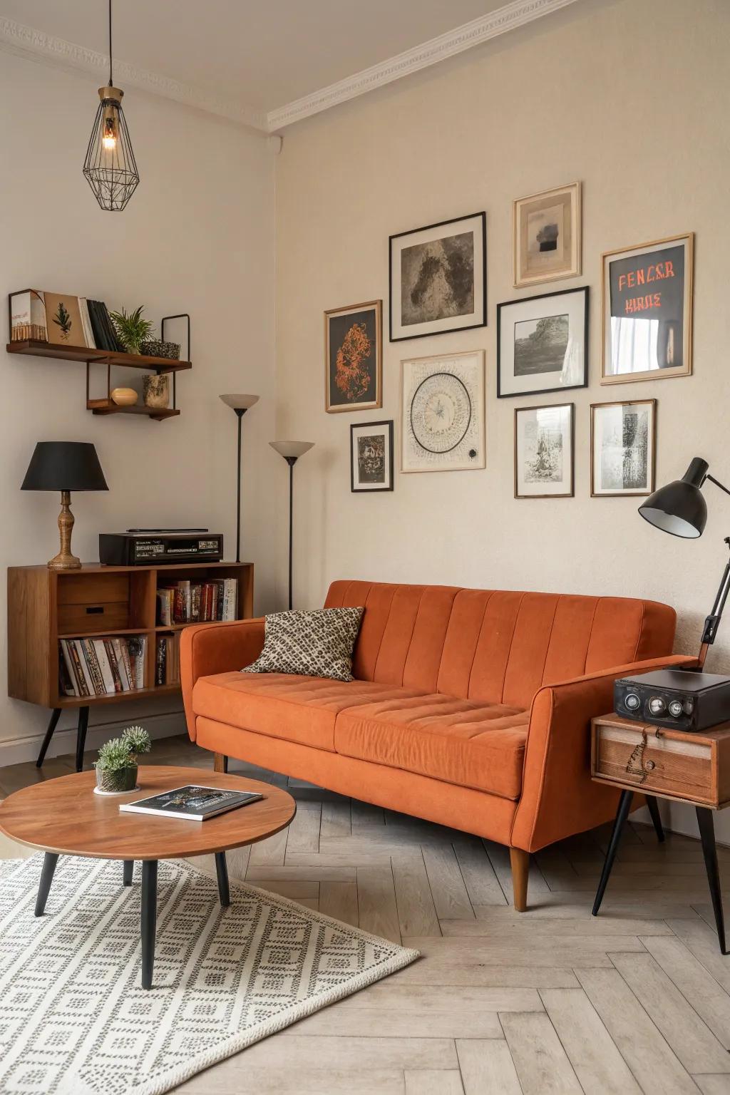 Check out this mod living area with a vibrant orange couch acting as the main attraction.