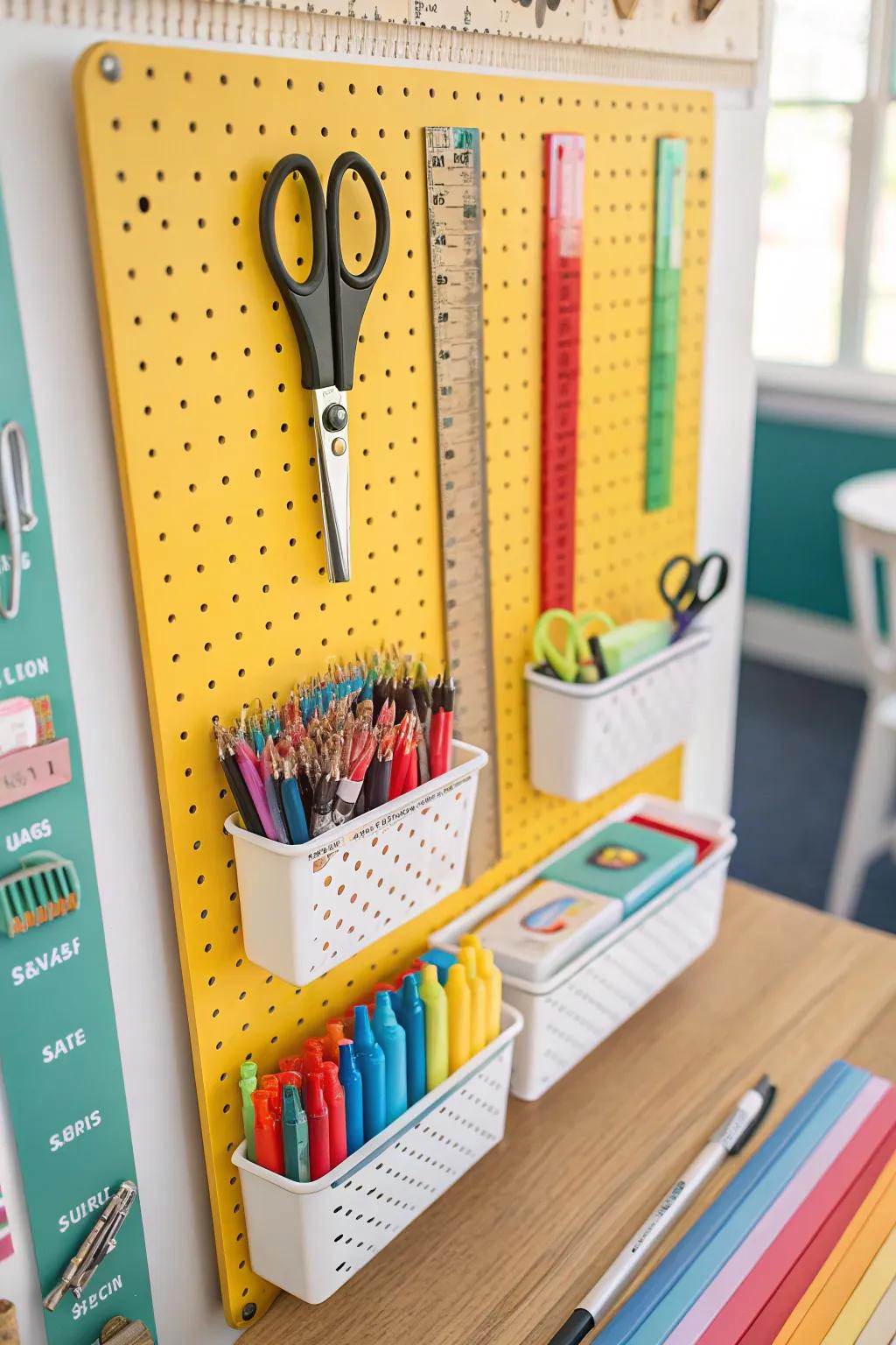 Pegboards offer a stylish and useful storage solution.