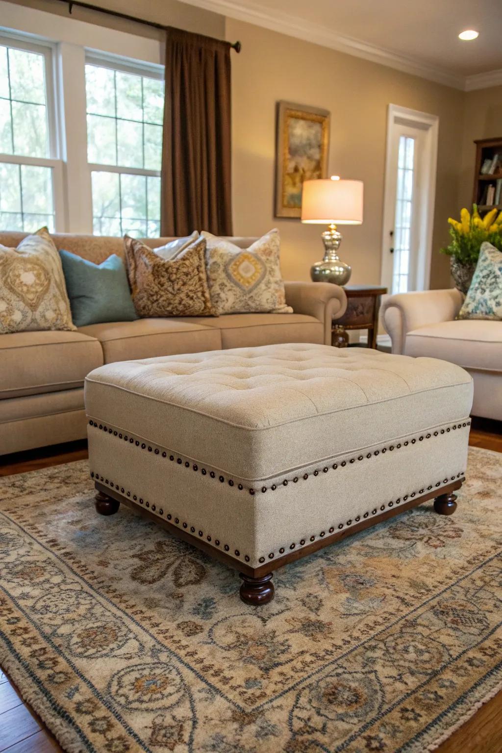 A harmonious fusion of hues and designs with an ottoman that is well coordinated.