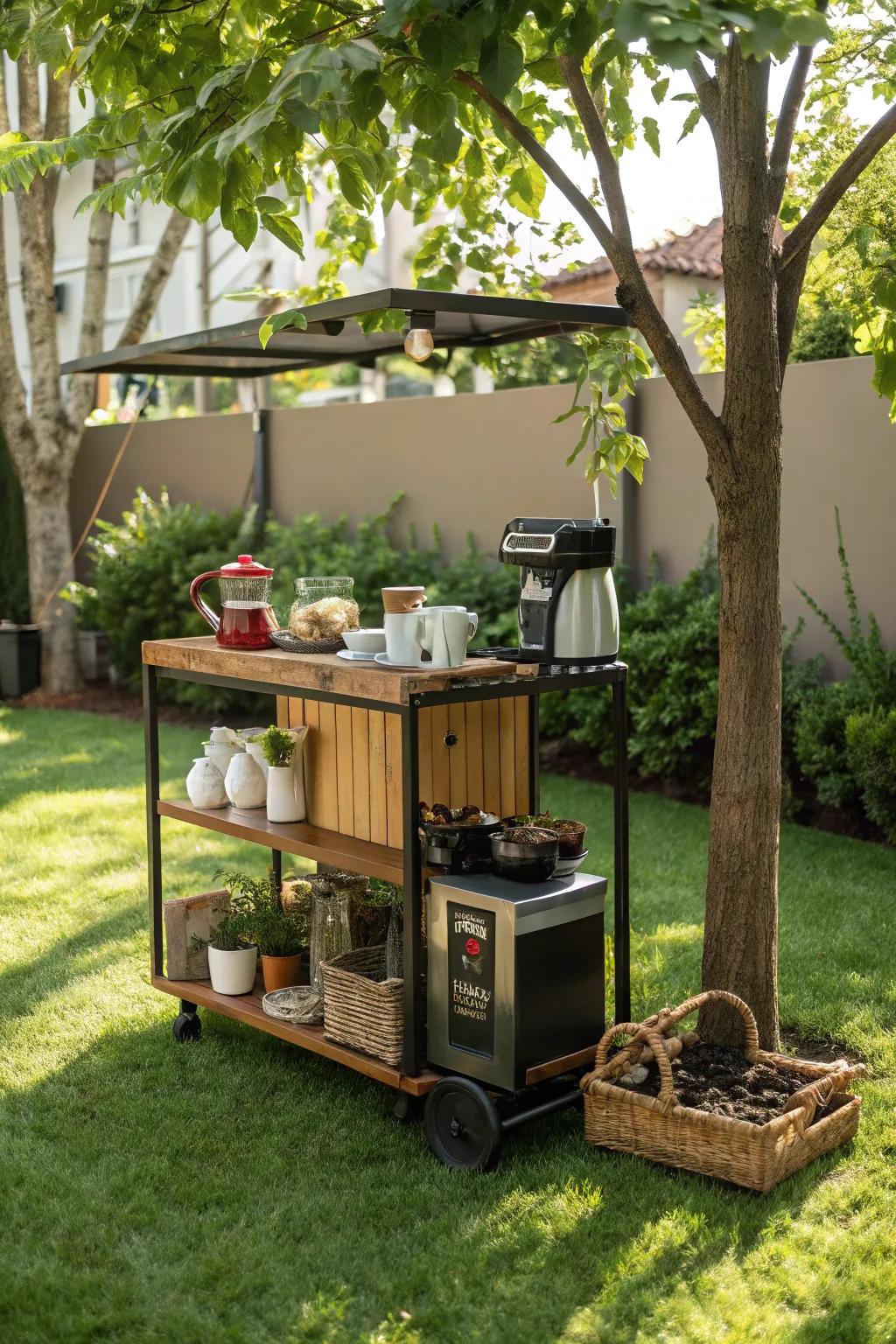 A flexible moveable beverage trolley prepared to relocate anywhere within the garden.