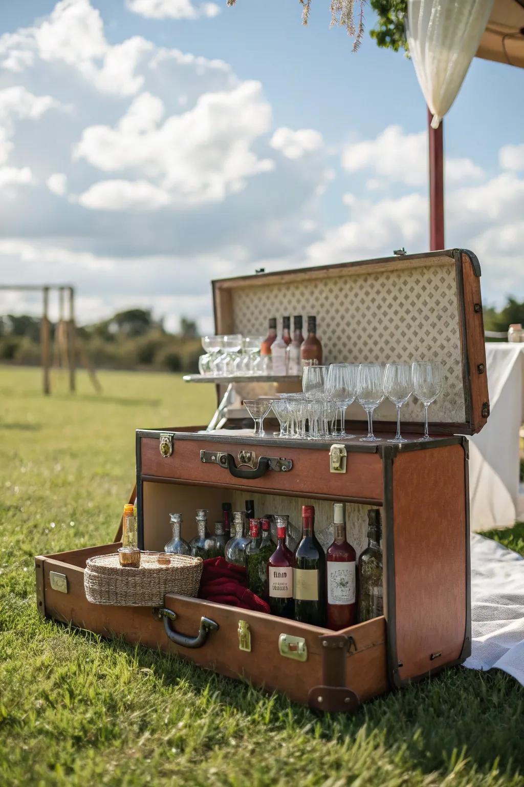 A retro travel trunk bar station delivers a vintage flourish to your outside get-togethers.