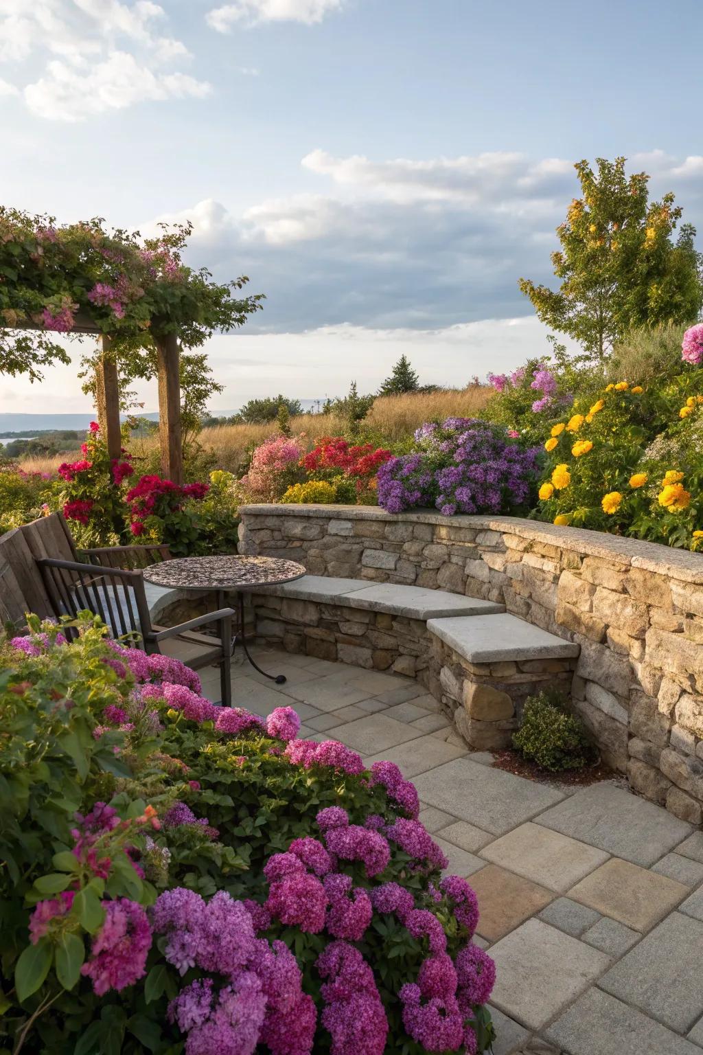 Stone walls with integrated seating provide practical elegance.