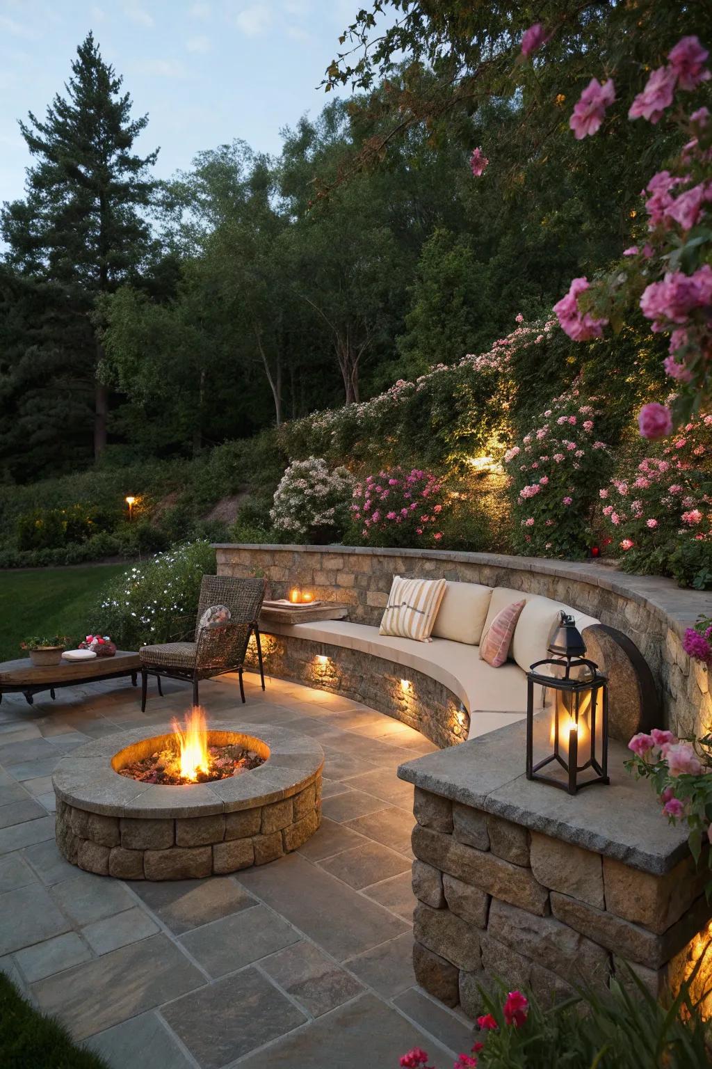Fire basins fashion enticing areas for nighttime congregations.