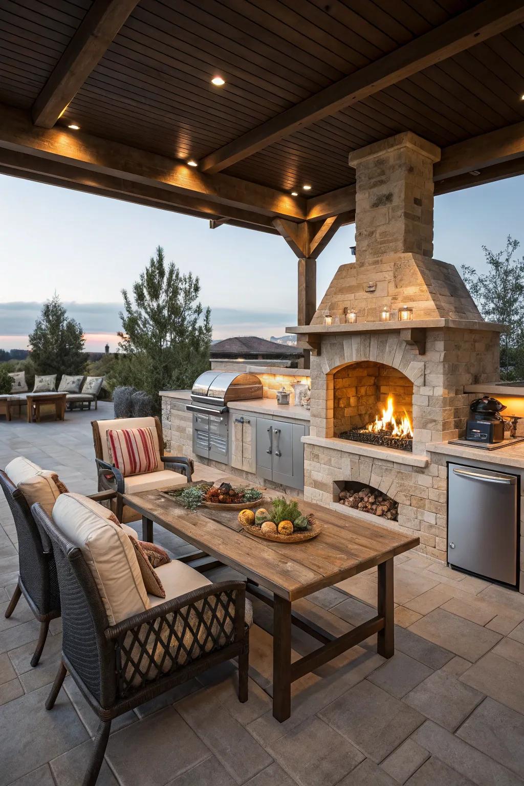 An elegant cooking station including a fitted fireplace, ideal for evening hangouts.