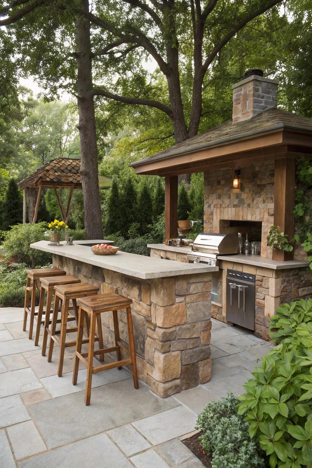 An outdoor kitchen bar with a rustic stone finish, situated in a natural setting.