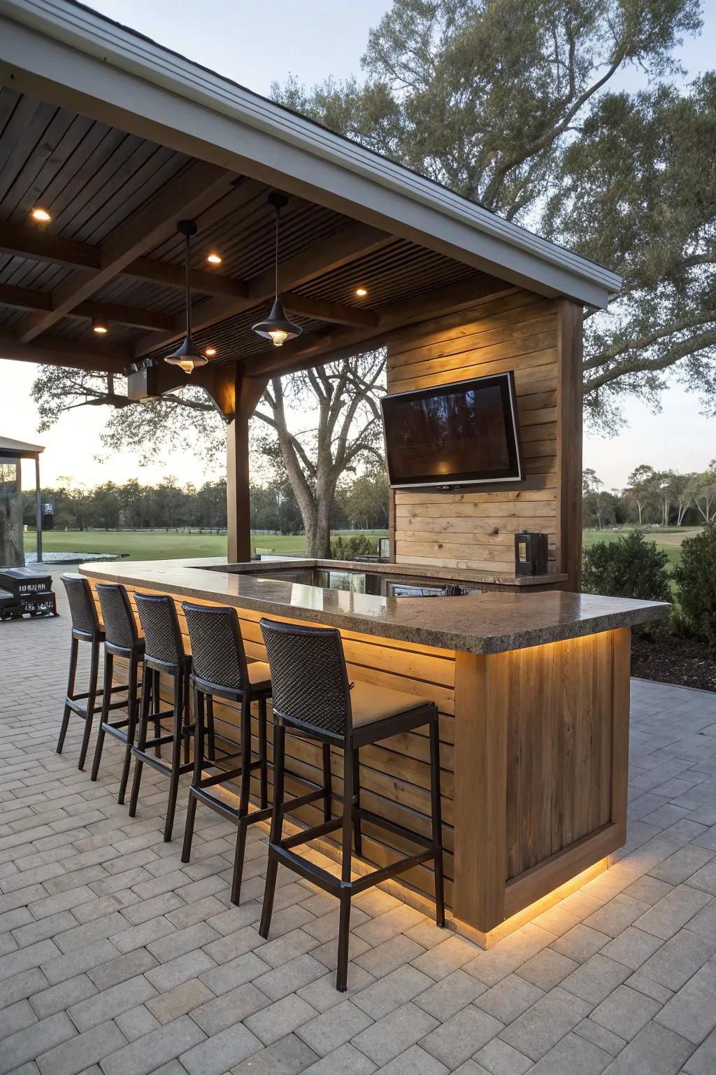 A bar setup using a built-in TV creates a perfect social center in your outdoor space.