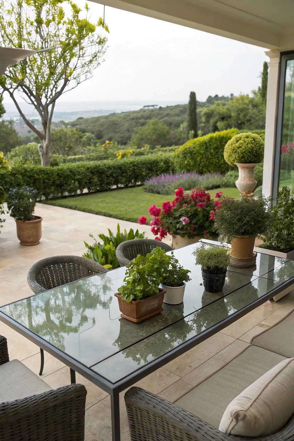 Glass table tops offer a modern touch while reflecting garden views.