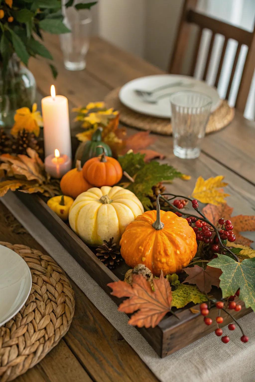 Seasonal ornaments bring the colors of fall to your table.