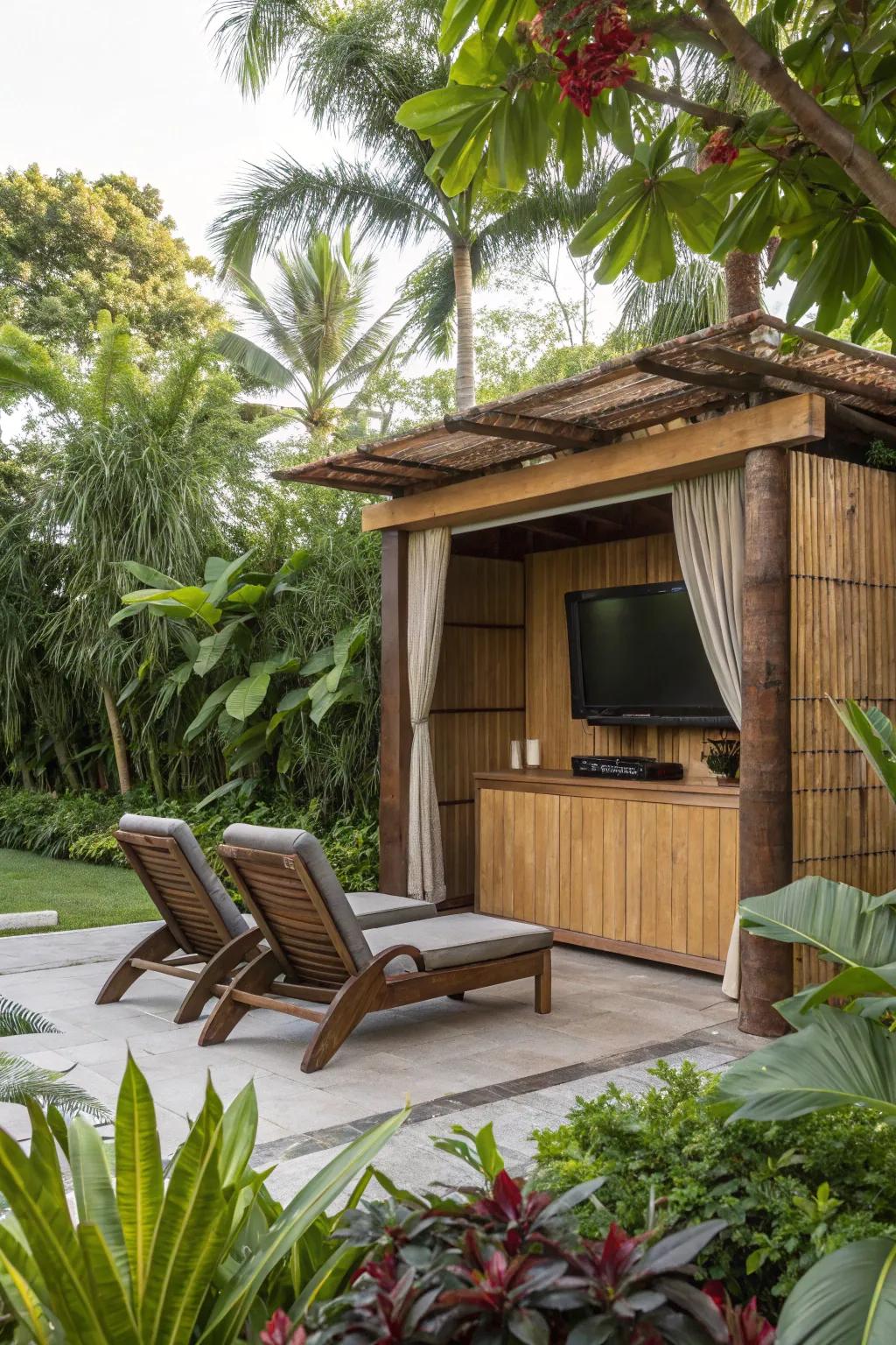 Infuse the tropics into your residence with a bamboo-decorated television case.