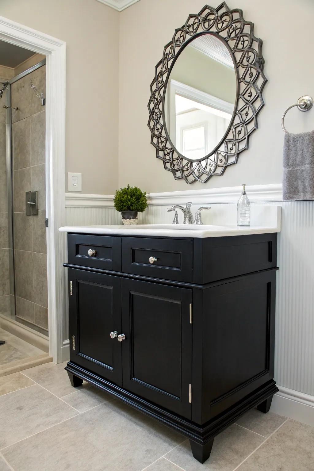 A coal vanity fashions a striking, timeless statement.